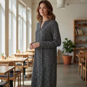 ALEX & LILI SZ XL Black White Print Abstract Dot Long Sleeve Flowy Rayon Dress